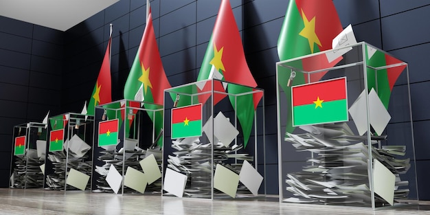 Burkina Faso diverse urne e bandiere che votano il concetto elettorale 3D'illustrazione
