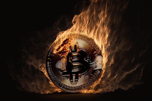 Burning Bitcoin simbolo di valuta crittografica su sfondo nero Concetto di valuta digitale e rischio