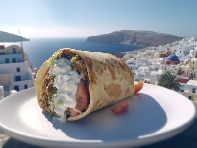 burrito da vicino con la spiaggia sullo sfondo pubblicità alimentare