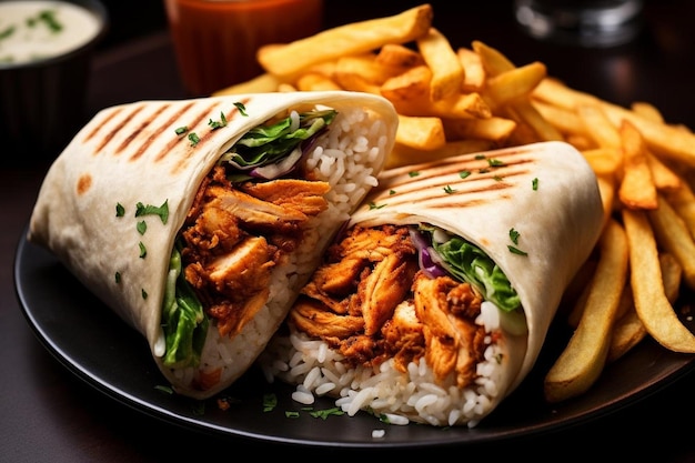 Burrito di riso con pomodoro e pollo servito con patatine fritte