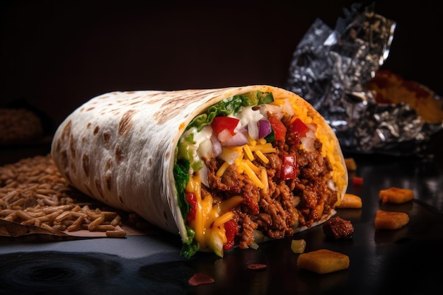 Burrito fast food pieno di carne e sapore speziati