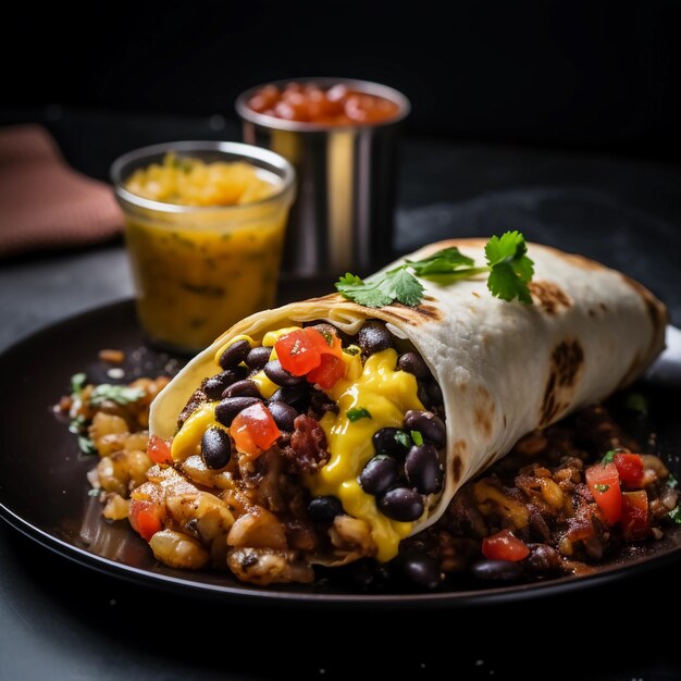 Burrito per colazione con uova strapazzate, fagioli neri, formaggio e salsa