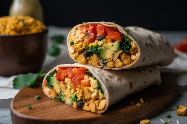 Burrito veloce e facile da colazione vegano ripieno di verdure al tofu strapazzate e formaggio