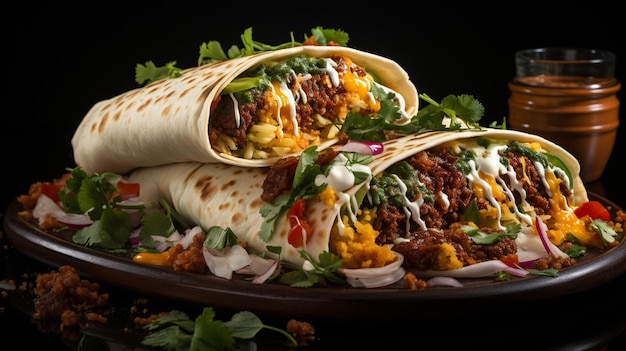 Burritos avvolge con carne di manzo e verdure su sfondo nero Burrito di manzo