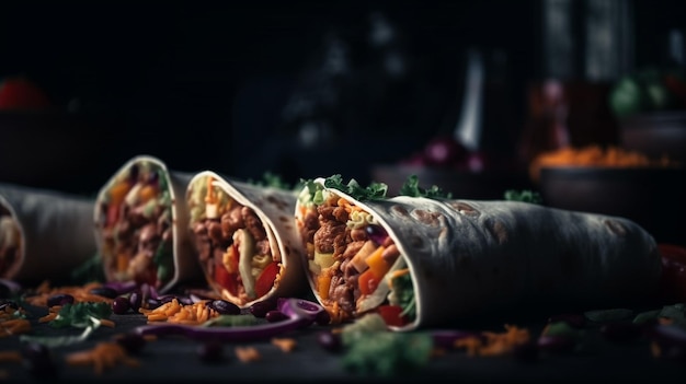 Burritos burrito con carne di manzo e verdure su sfondo nero Burrito di manzo cibo messicano