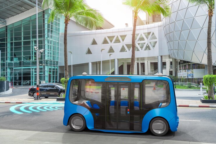 Bus listrik otonom swakemudi di jalan Konsep teknologi kendaraan pintar render 3D