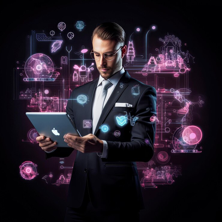 Business basato sull'intelligenza artificiale Uomo d'affari che sfrutta la tecnologia avanzata per prendere decisioni migliori