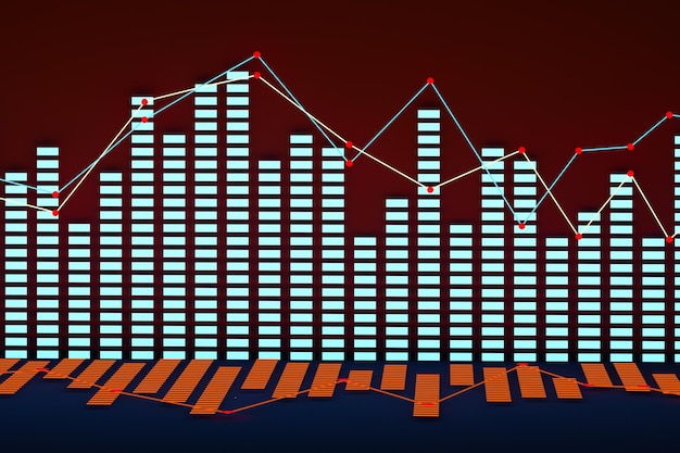 Business chart with line graph bar chart and numbers on dark background 3d rendering