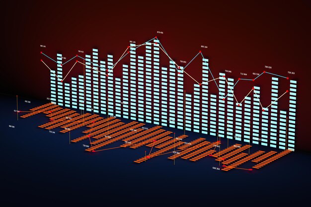 Business chart with line graph bar chart and numbers on dark background 3d rendering