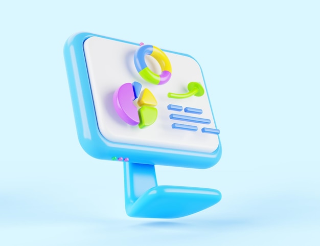 business data analysis stock market statistics financial infographic market research report cartoon 3d render computer monitor icon with pie chart and growth graph on screen