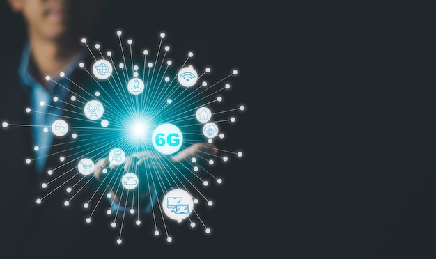 Business e tecnologia 6G di rete di telecomunicazione mobile in Europa per connessione dati wireless ad alta velocità a Internet da smartphone concept tecnologia futura sistemi wireless di rete 6G