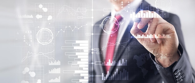 Business intelligence diagramma grafico Stock Trading dashboard di investimento trasparente sfondo sfocato Banner aziendale