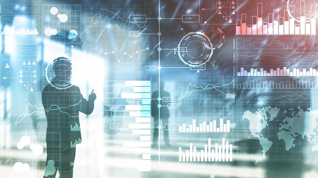 Business intelligence diagramma grafico Stock Trading dashboard di investimento trasparente sfondo sfocato