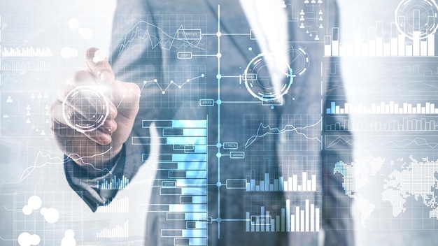 Business intelligence diagramma grafico Stock Trading dashboard di investimento trasparente sfondo sfocato