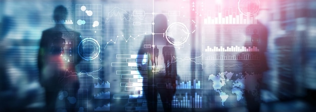 Business intelligence diagramma grafico Stock Trading dashboard di investimento trasparente sfondo sfocato