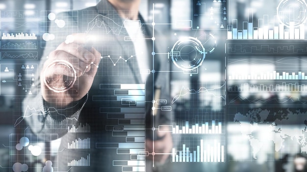 Business intelligence diagramma grafico Stock Trading dashboard di investimento trasparente sfondo sfocato