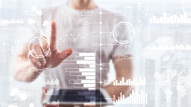 Business intelligence diagramma grafico Stock Trading dashboard di investimento trasparente sfondo sfocato