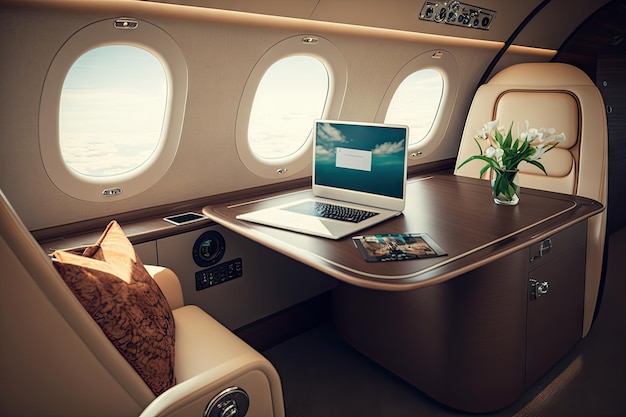 Business jet con interni eleganti e moderni con mobili e tecnologia di alto livello