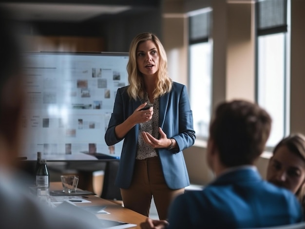 Business manager riunione discussione collega lavoro di squadra gruppo professionale ufficio imprenditrice IA generativa