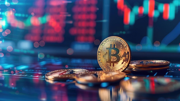 business moneta d'oro moneta digitale sul mercato azionario finanziario indicatore positivo sfondo doppia esposizione crescita grafico futuristico bitcoin denaro investimento cryptocurrency concetto di dati investitore