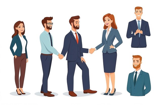 Business Partnership Set Vector Uomo d'affari E donna d'affari Casual Handshaking Business Connection