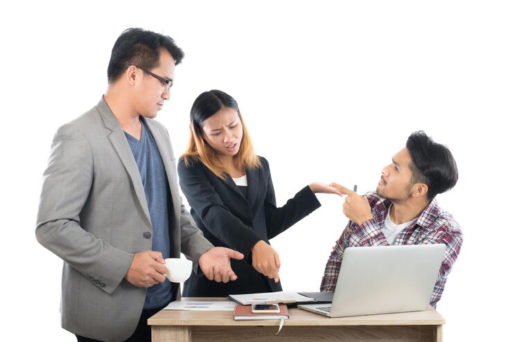 Photo business people discussing over clipboard at desk against white background