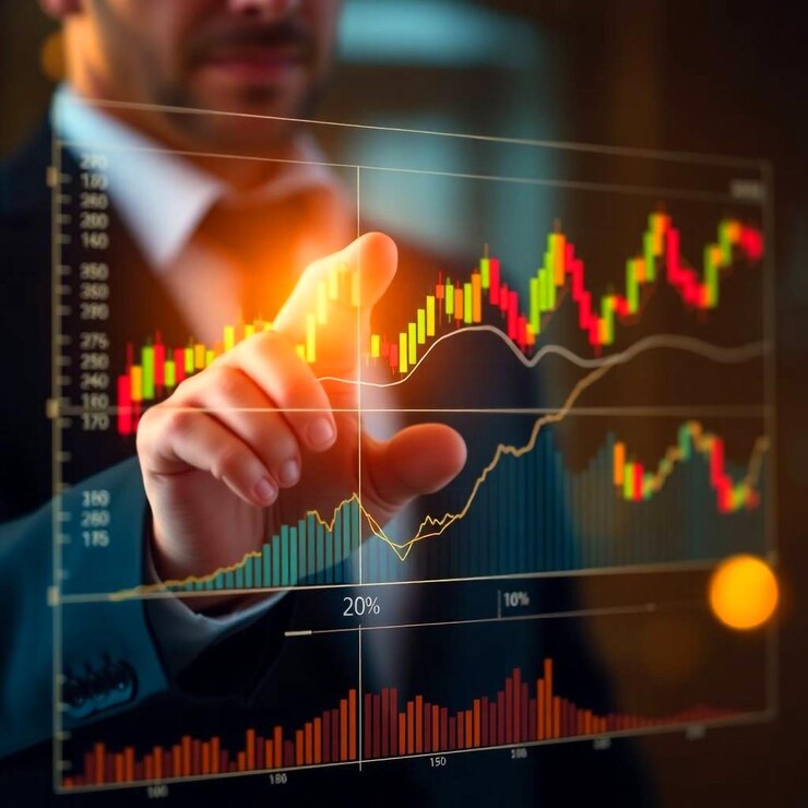 Business professional interacting with stock market data on a digital interface