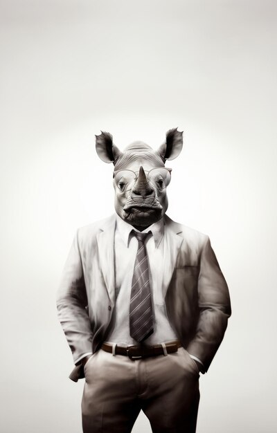 Business Rhino indossa vestiti con cravatta e occhiali generazione di IA