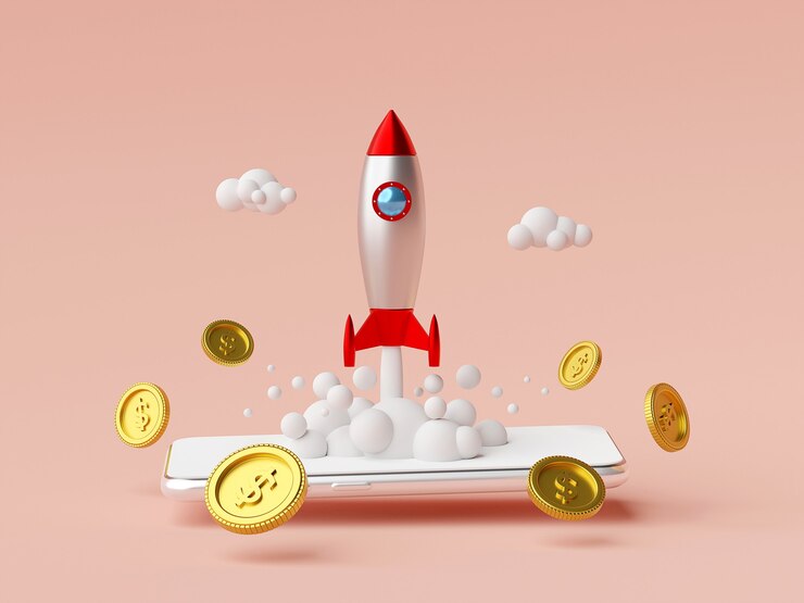 Business start-up concept Rocket launching from smartphone with dollar coin 3d rendering