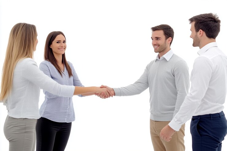 Business team shaking hands with enthusiasm after