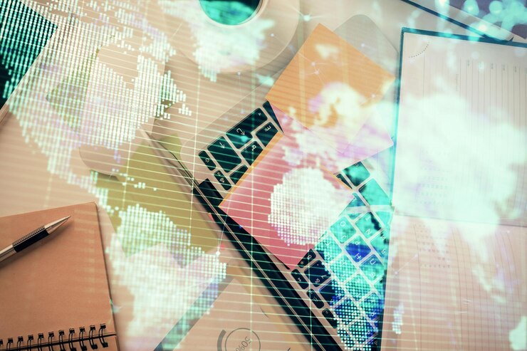 Photo business theme hologram drawings over computer on the desktop background top view multi exposure concept of international connections