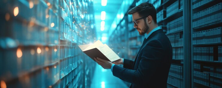 Business worker with modern technology at office marketing banner panorama Generative AI