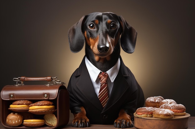 businessman dachshund in abito e cravatta con cibo