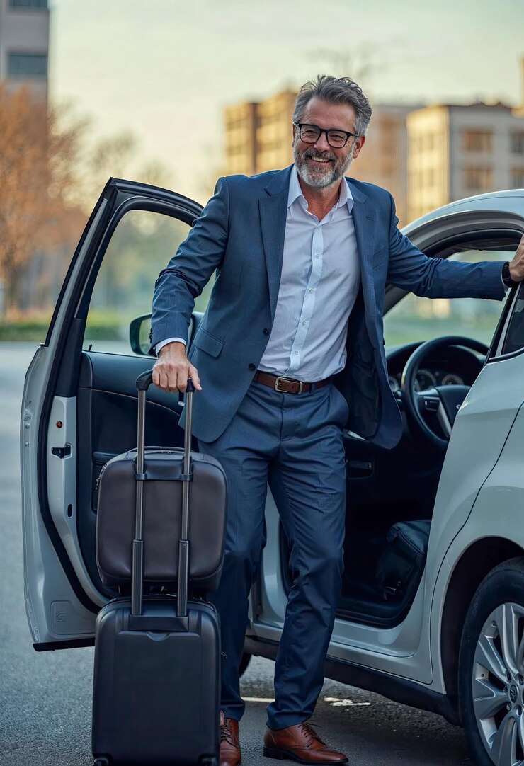 Businessman Getting into Car with Luggage