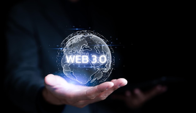 Businessman hand show web 30 con forma di globo Leveraging Web 30 Blockchain Tecnologia del futuro Global sviluppo di siti web futuristici Web 30 Internet Concept