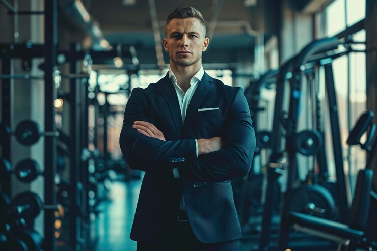 businessman in suit and muscular young fitness