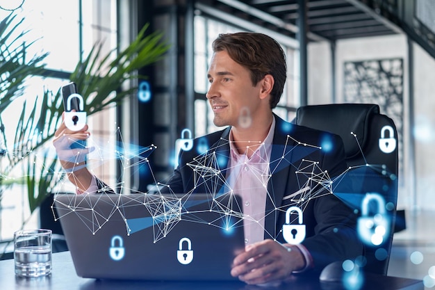Businessman in suit checking cyber security using smart phone to protect clients confidential information IT hologram lock icons over modern panoramic office background