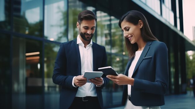 Businessman partner businessman e donna che usano un tablet digitale