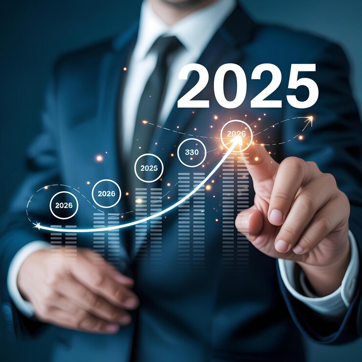 Businessman touching 2025 growth chart on screen