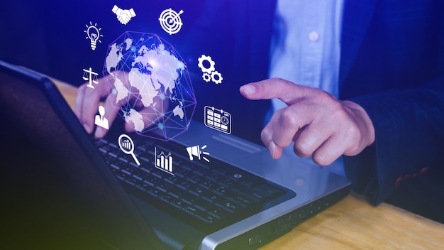 businessman touching virtual global internet connection metaverse business global internet connection application technology and digital marketing financial and banking digital link tech big data