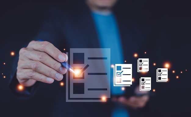 businessman using computer document management system dms online documentation database process automation to efficiently manage files