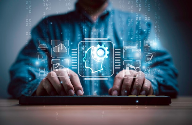 Businessman using computer keyboard to command and create prompt with AI or Artificial technology include chatting bot message robot control cloud computing security and generate art concept