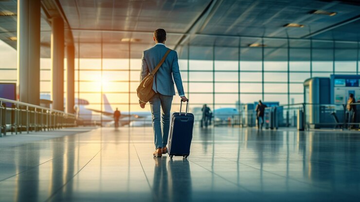 Businessman walking with luggage in the airport terminal Travel conceptgenerative ai