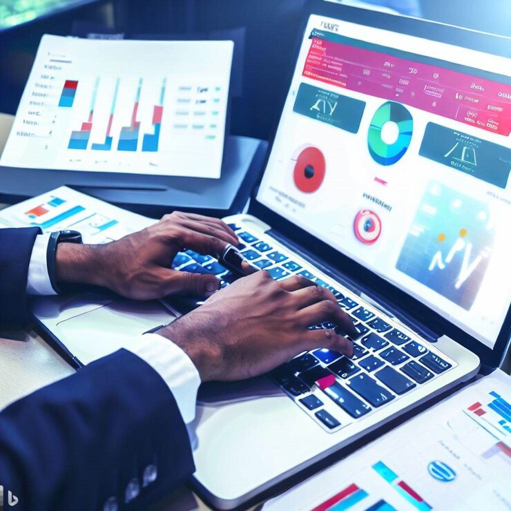 Businessman works on laptop Showing business analytics dashboard with charts metrics and KPI to an