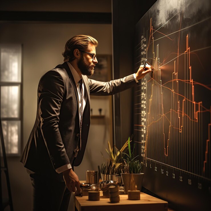 Businessmen view virtual panel data analytic graphAI generated image