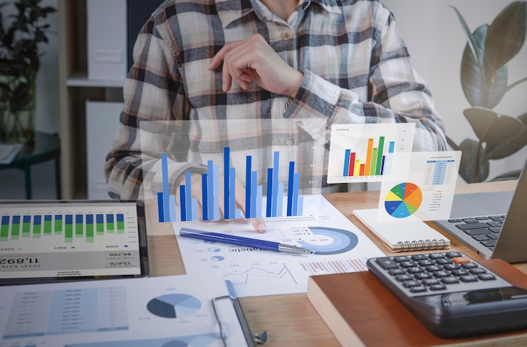 Photo businesspeople working in finance and accounting analyze financi