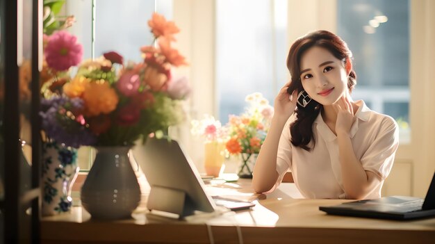 Businesswoman occupata multitasking con laptop e telefono alla scrivania in un ambiente di ufficio moderno Generativ