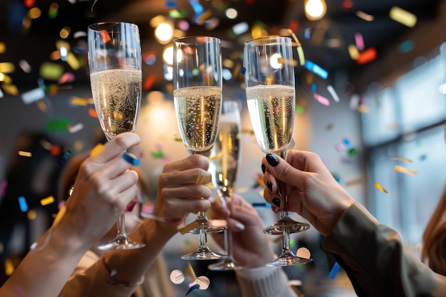 Bussiness Persone che festeggiano il nuovo anno con un brindisi di champagne sullo sfondo di un ufficio moderno