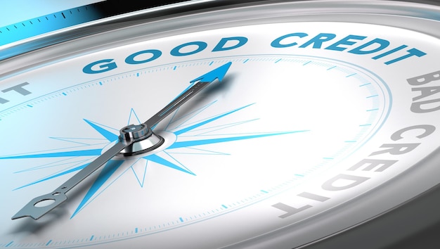Bussola con ago rivolto la parola buon credito, toni blu e grigi. Immagine di sfondo per l'illustrazione della consulenza creditizia.