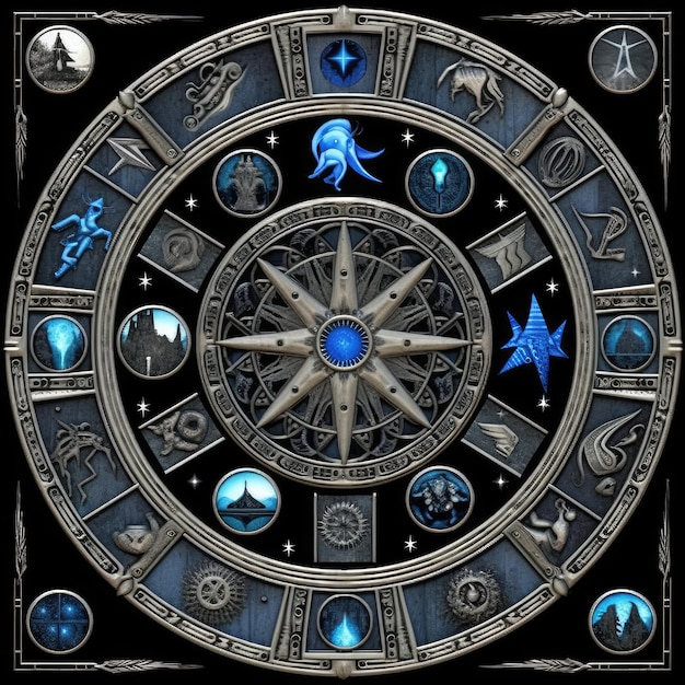bussola dei tarocchi dello zodiaco blu illustrazione elementare disegno del tatuaggio di arte modello di astrologia in metallo